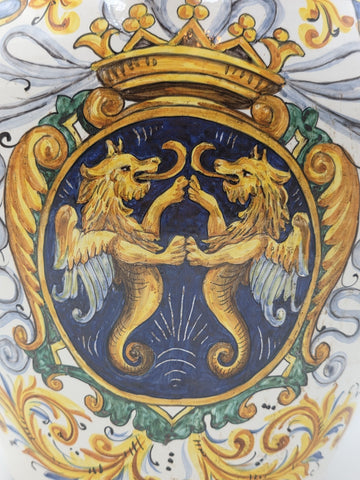 Rare Antique XL 19th C Italian Majolica Olive Oil Jar Heraldic Lions Handpainted