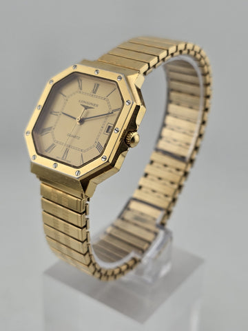 Vintage Longines 4898 Quartz Gold Plated Octagonal Watch Roman Dial Date Working