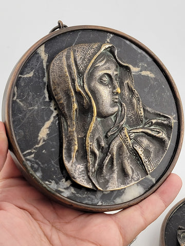 Rare One Of Kind Antique Jesus & Mary Wall Hanging Bronze & Green Marble Plaques