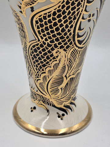 Vintage LOFISA POTTERY VASE 13 1/4" tall Cream w Black & Gold Dragon Theme.
