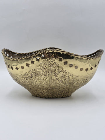 Large Antique Hand Hammered Brass Pierced Floral Bowl Jardiniere Rope Rim