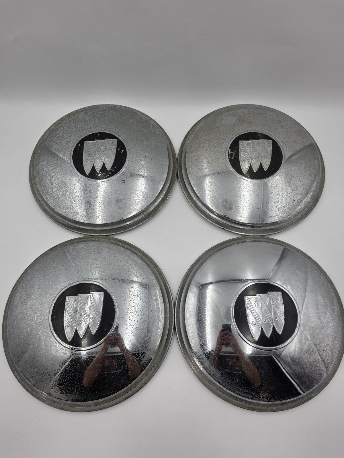 Vintage Buick Tri-Shield Dog Dish Poverty Hub Caps Set of 4 10" 1941-1960 OEM