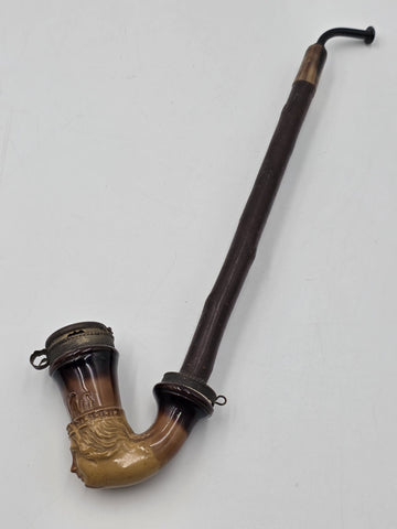 Antique C1890 German Figural Ceramic Tobacco Pipe Long Wood Stem Hinged Wind Cap