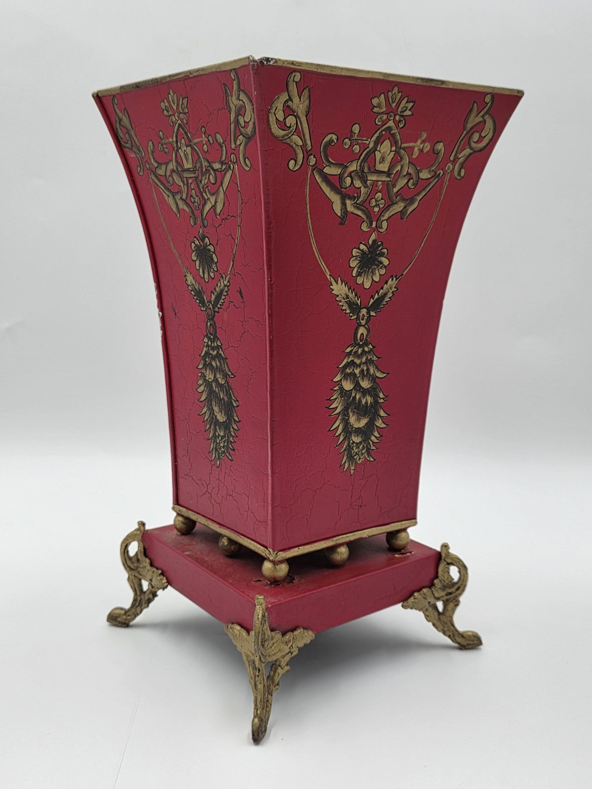 Antique 1940 Hollywood Regency Red Gold Toleware Planter Cachepot Louis XV Style