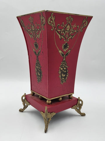 Antique 1940 Hollywood Regency Red Gold Toleware Planter Cachepot Louis XV Style