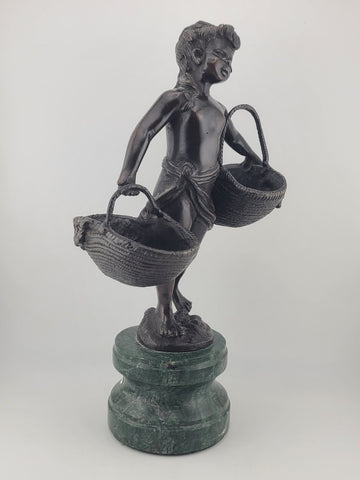 Antique Suzanne Bizard 1873 - 1963 Bronze Sculpture - Girl with Baskets 11 1/2"