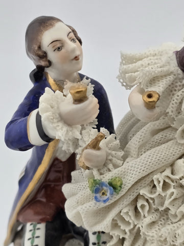 Vintage Sitzendorf Germany Lace Porcelain Courtship Scene Figurine Crown Mark.