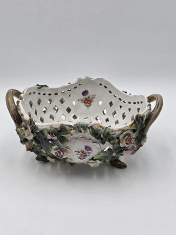 Antique c1880 German Sitzendorf Dresden Porcelain Floral Basket Centerpiece