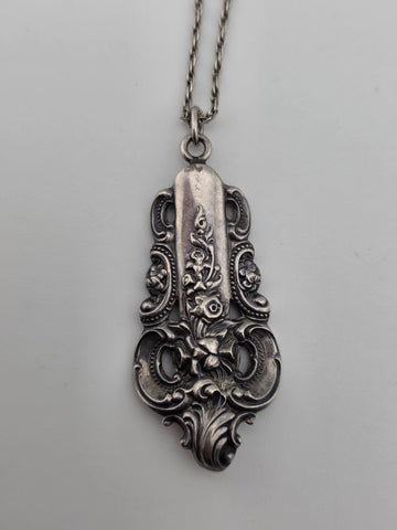 Vintage Sterling Silver Floral Scrollwork Flatware Handle Pendant Necklace 15.8g
