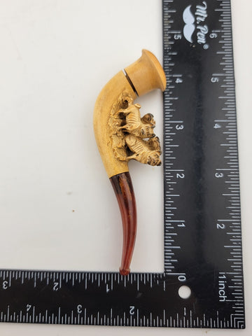 Antique 19th C 4 Pugs Meerschaum Pipe/ Cig. Holder W Amber Stem. Original Case.
