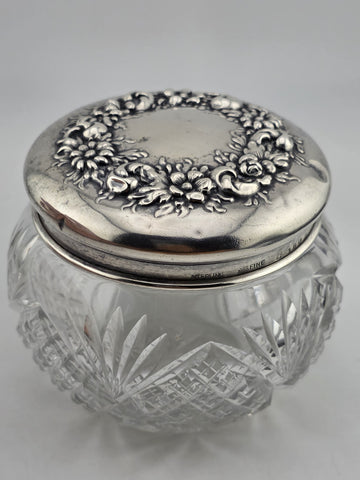 Antique Watson Sterling Silver Floral Lid Cut Crystal Vanity Jar C1900 Fine 925
