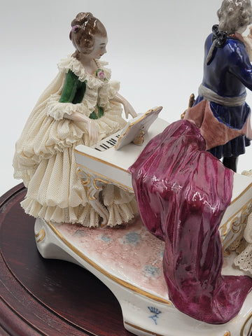 Antique 19th C Victorian Dersden Germany Laced Figurine Music Trio In Glass Dome