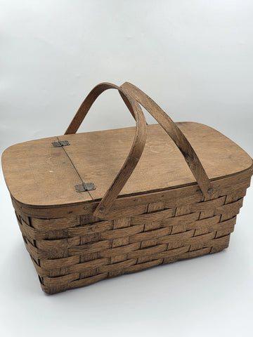 Antique C 1920's Picnic Basket 1" Woven Slats Naturally Aged Patina  Handles Lid