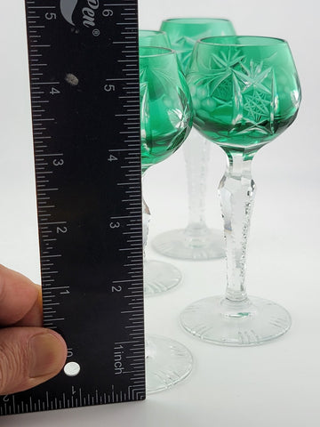 Set Of 4 Lausitzer Bohemian Crystal Green Cut Glass Etched. No Chips Or Cracks