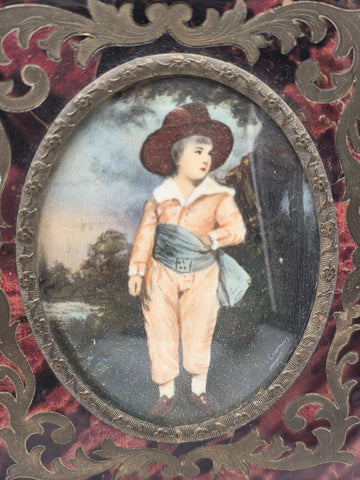 Antique Continental Hand-Painted Portrait Miniatures in Rococo Revival Frame