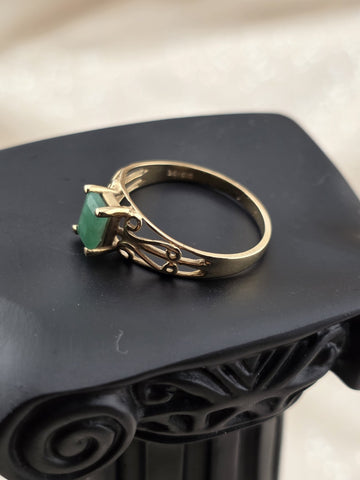 Antique 10K Solid Gold Emerald Cut Green Stone Ring Filigree Style Size 6.5.