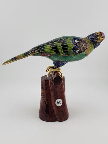 RARE BEAUTIFULLY COLORED CLOISONNE BIRD (PARAKEET) W WOODEN STAND. 7 Inch Wide.