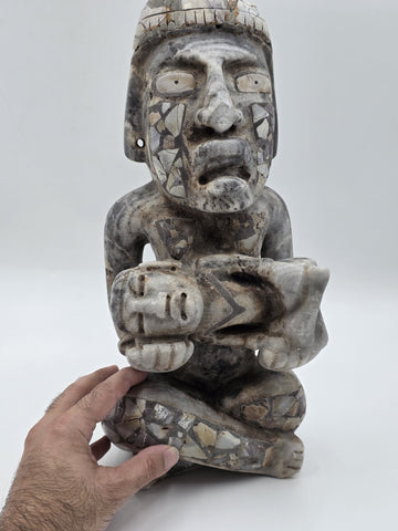 Antique Large Mayan Aztec Style Stone Sculpture Tribal Figure Inlay 15” Statue