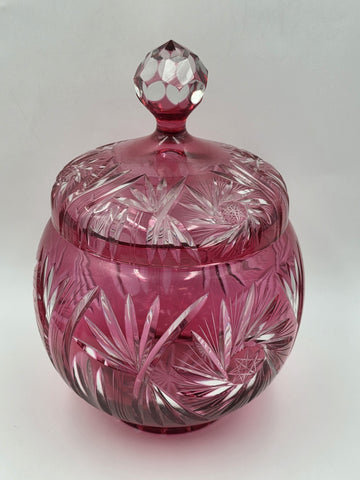 Rare 1940's Vtg Bohemian Cranberry Cut to Clear Crystal Punch Bowl Set w/13 Cups