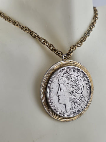 Antique 1921 Morgan Silver Dollar Pendant & 24" Gold Plated chain.
