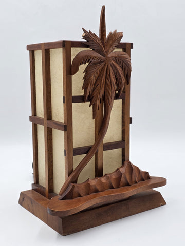 Vintage Mid Century Modern Carved Hawaiian Koa Wood Palm Tree Tiki Table Lamp