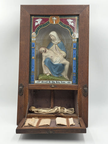 Large Antique C 1920 Catholic Sick Call Last Rites 3D Shadow Box W Accessories.