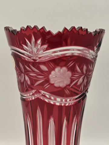 Vtg Bohemian Czech Ruby Cut To Clear Crystal Vase, Large and Heavy Crystal Vase