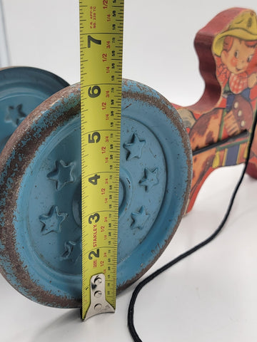 1940'S PULL TOY COWBOY ON HORSE Wood Metal Wheels Gong Bell Mfg.Co.