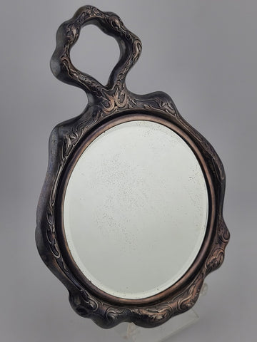 Rare Antique 1904 Art Nouveau Sterling Silver Heavy Hand Mirror German Repousse.