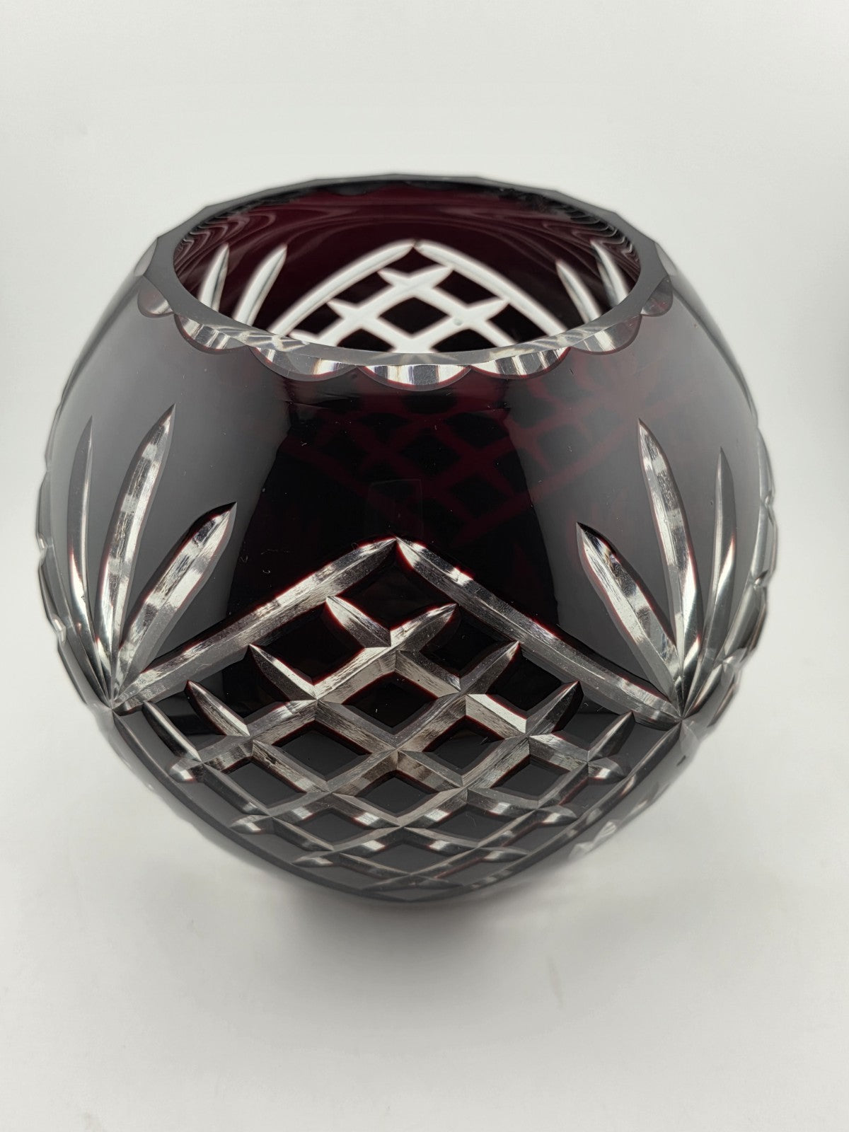 XL AJKA ODESSA CAROLINE  Cranberry Cut Clear Hungarian Crystal Rose Bowl