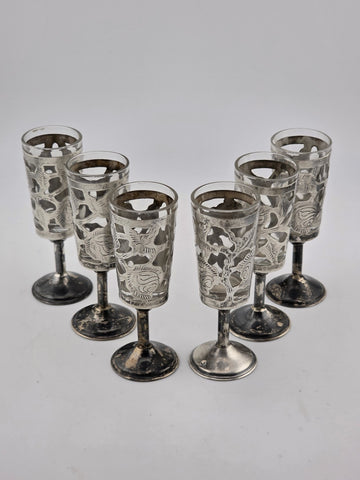 SET Of 6 MID-CENTURY MEXICO STERLING SILVER 3.5" PIERCED CORDIALS, GLASS LINERS