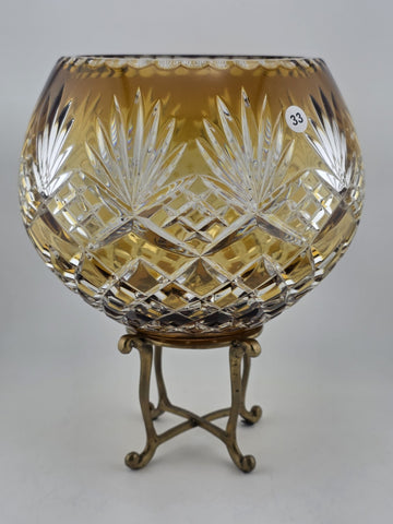 XL AJKA ODESSA CAROLINE amber gold cased cut clear Hungarian crystal rose bowl
