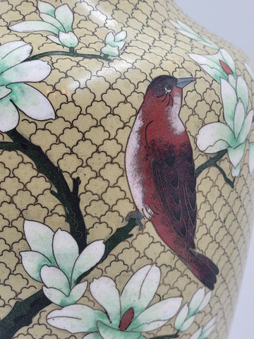 XL Cloisonné Vase Beautiful Floral  Fine Wirework Interior Brass 17 inches tall