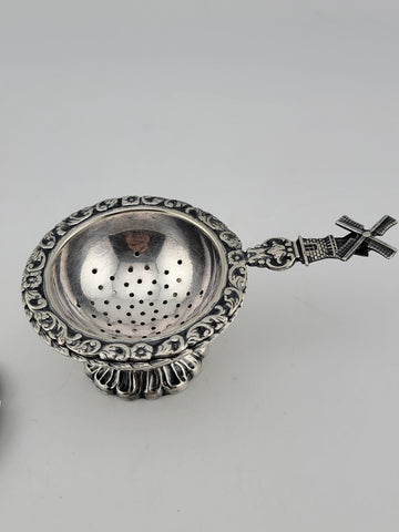 Rare Antique Silver 900 Dutch Loose Leaf Tea Strainers and Rest Dish Ornate