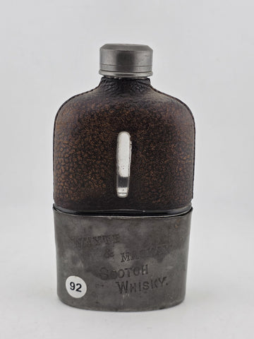 Rare Antique C1920 Whyte & Mackay Leather Wrapped Scotch Flask Pewter Sleeve Cup