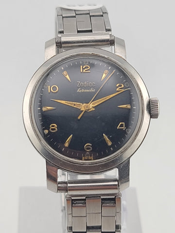 Vintage 1950 Zodiac Hermetic Swiss Black Dial Gilt Numerals Manual Watch. Works