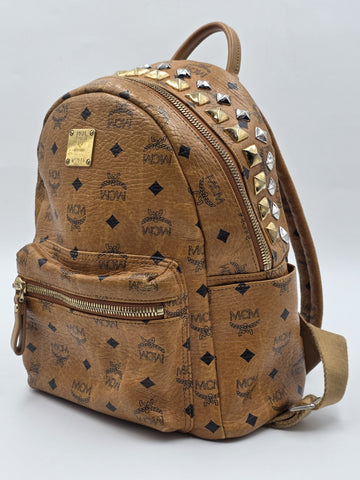 Rare MCM Stark Side & Top Studs Backpack In Cognac Visetos Coated Canvas W5914