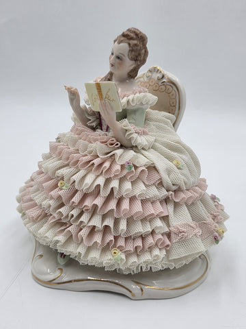 Vintage M.Z. Ireland Dresden Lace Porcelain Figurine Lady Reading Book Seated
