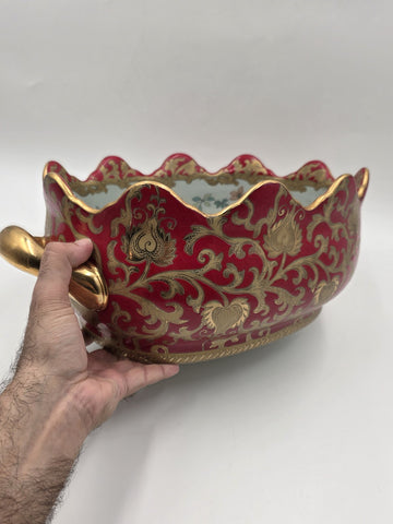 Antique XL Chinese handpainted Red porcelain 24kt gold Oval Footbath, Jardiniere