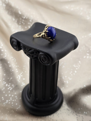Antique 10K Solid Gold Lapis Lazuli Cabochon Ring Ornate Blue Statement. 6.75.