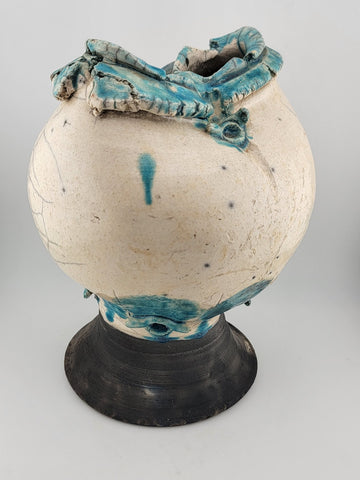 Rare Unique One Of A Kind Vintage Crackled Style Ceramic Vase W 2 Openings.