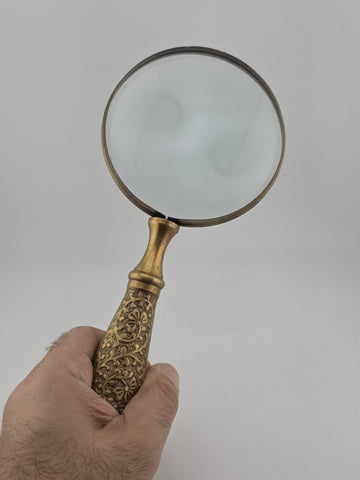 Vintage Mid Century Modern Brass Hand Held Magnify Glass W/ Ornate Handle.