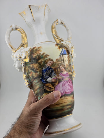 Antique 19thC Hand Painted Porcelain Vase Romantic Scene Gold Gilt Paris Style