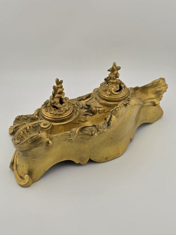 Antique 19th C French Louis XV Rococo Ornate Gilt Bronze Ormolu Inkwell Inkstand