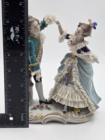 Vintage German Dresden Lace Porcelain Courting Couple Figurine Hand Painted 7.5"