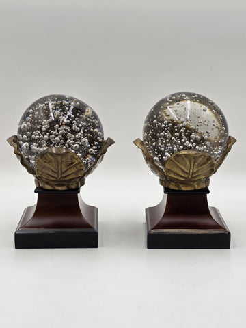 Rare Pair Of Antique Massive 6" Crystal Ball On Brass Leaves Bookends / Decor.