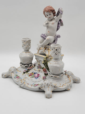Rare Antique 19th C Porcelain Candle Holder Stand W Cherub & Flowers. Stamped.