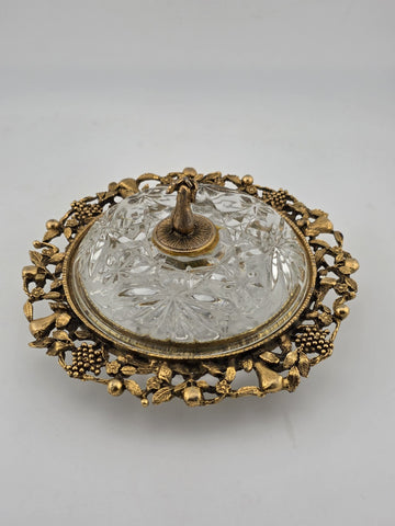 Antique Victorian Ormolu Cut Crystal Covered Vanity Dish W Floral Lid, C 1890.