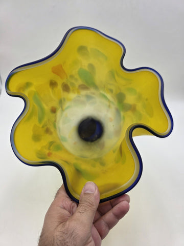 Vtg Azerbaijan Handblown Art Glass Vase Yellow Freeform Cobalt Rim Studio 11.5in