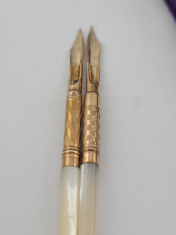 Antique 1890's Victorian Mother of Pearl Dip Pen Set 10K Solid Gold  Nibs W Case